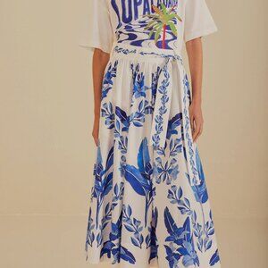 Farm Rio: Off-white blue yard organic cotton midi skirt